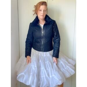 Womens Leather Jackets Size Small Black Woven Fur Collar Classic Vintage Y2K